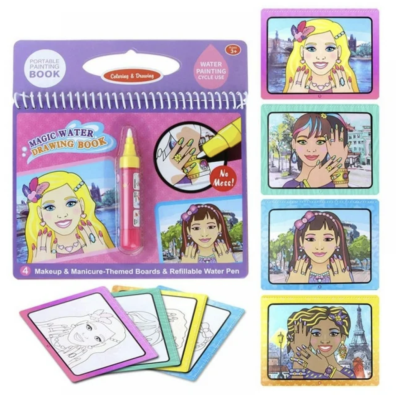 Reusable Water-Reveal Book Set with Gift Box Water Coloring Activity Pads Aqua Drawing Painting Toy Travel Activity Kit with Bonus Pens for Kids